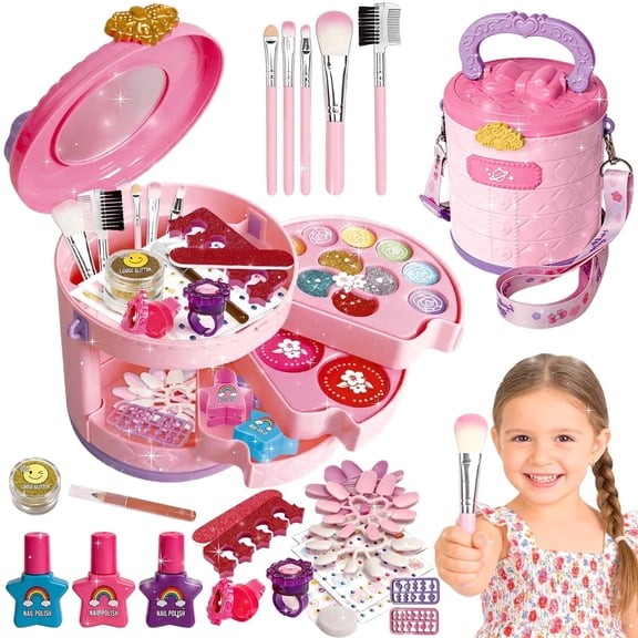 Chuvikid Kids Washable Makeup Kit,2 in 1 Pretend Makeup Set with Mirror,Fashionable Bucket Bag,Perfect Gift for Girls Ages 3-12