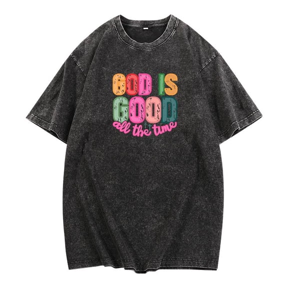 Plus Size Inspirational Print Tee - Colorful "GOD IS GOOD all the time" Distressed Graphic T Shirt, Vintage Faith Slogan Tops, Religious Short Sleeve T-Shirts (Oversize S-5XL)