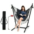 thumbnail image 3 of Spaco Height Adjustable Hammock Chair with Phone Holder and Side Pocket-Gray, Handwoven Cotton Rope Hammock Chair for Bedroom Indoor Outdoor Patio Yard, 3 of 9