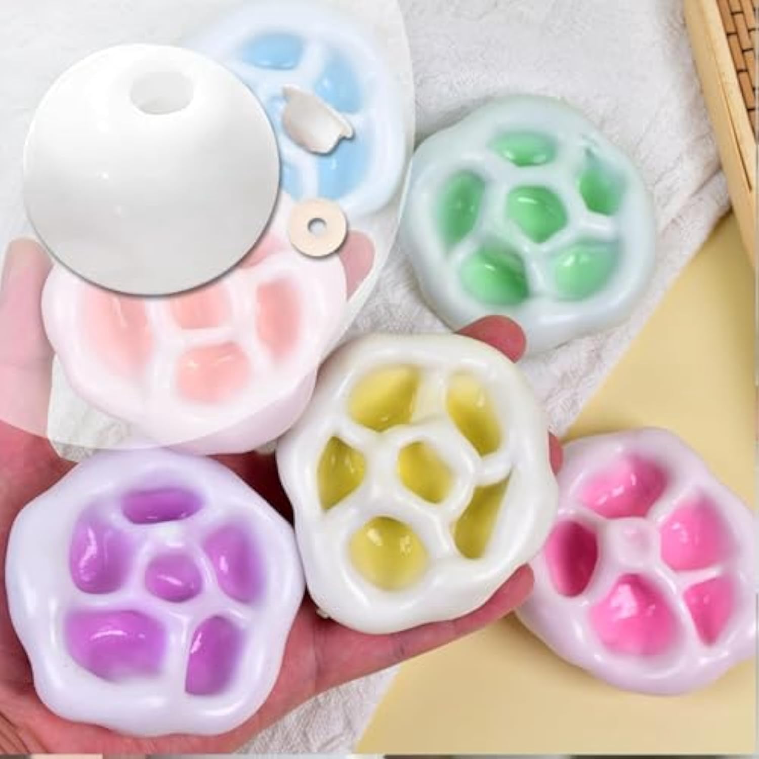 Milky Blank Skins Empty Stress Ball DIY Kit, 2025 New Blank Pressure Ball Skin DIY Kit, Vacuum Squishy Stress Ball DIY Kits with Empty Skin Base, Lid, Glue, Expander Tool for DIY Stress Balls