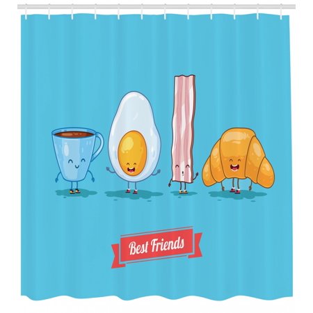 Bacon Shower Curtain, Comic Figures of Breakfast Menu as Cup of Coffee Egg Bacon Croissant Best Friends, Fabric Bathroom Set with Hooks, 69W X 70L Inches, Multicolor, by