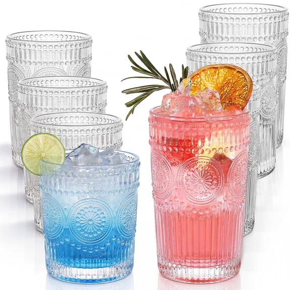 GPED Vintage Glassware Drinking Glasses Set of 8, 12 oz Highball Glasses & 10 oz Cocktail Glasses Set, Clear Textured Flower Design Glass Water Tumblers for Water, Cocktails, Juice, Iced Coffee