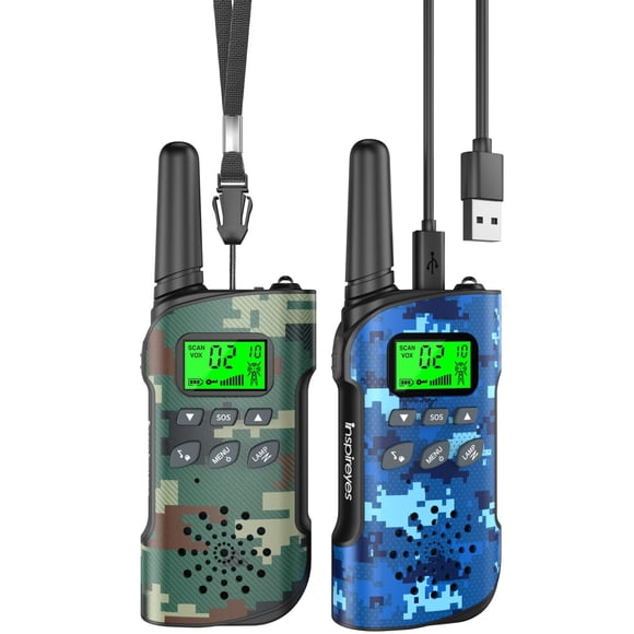 Walkie Talkies Inspireyes recargables para niños, paquete de 2 camuflajes