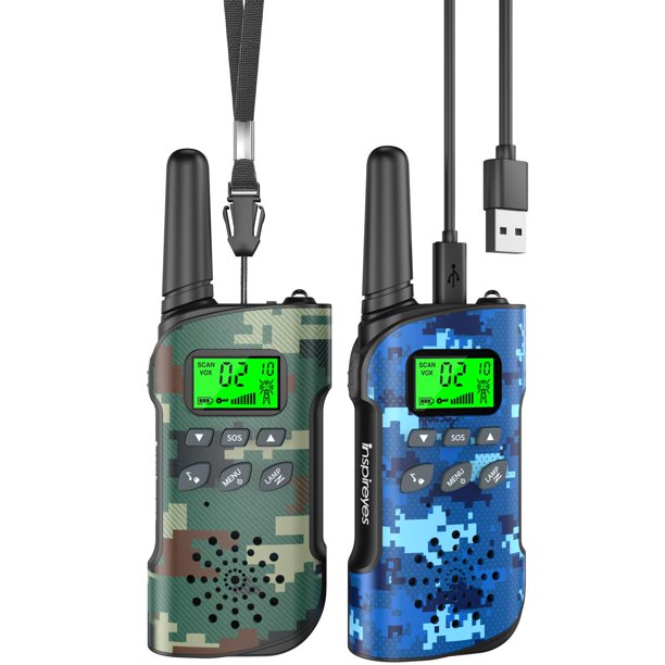 Walkie Talkies Inspireyes recargables para niños, paquete de 2 camuflajes