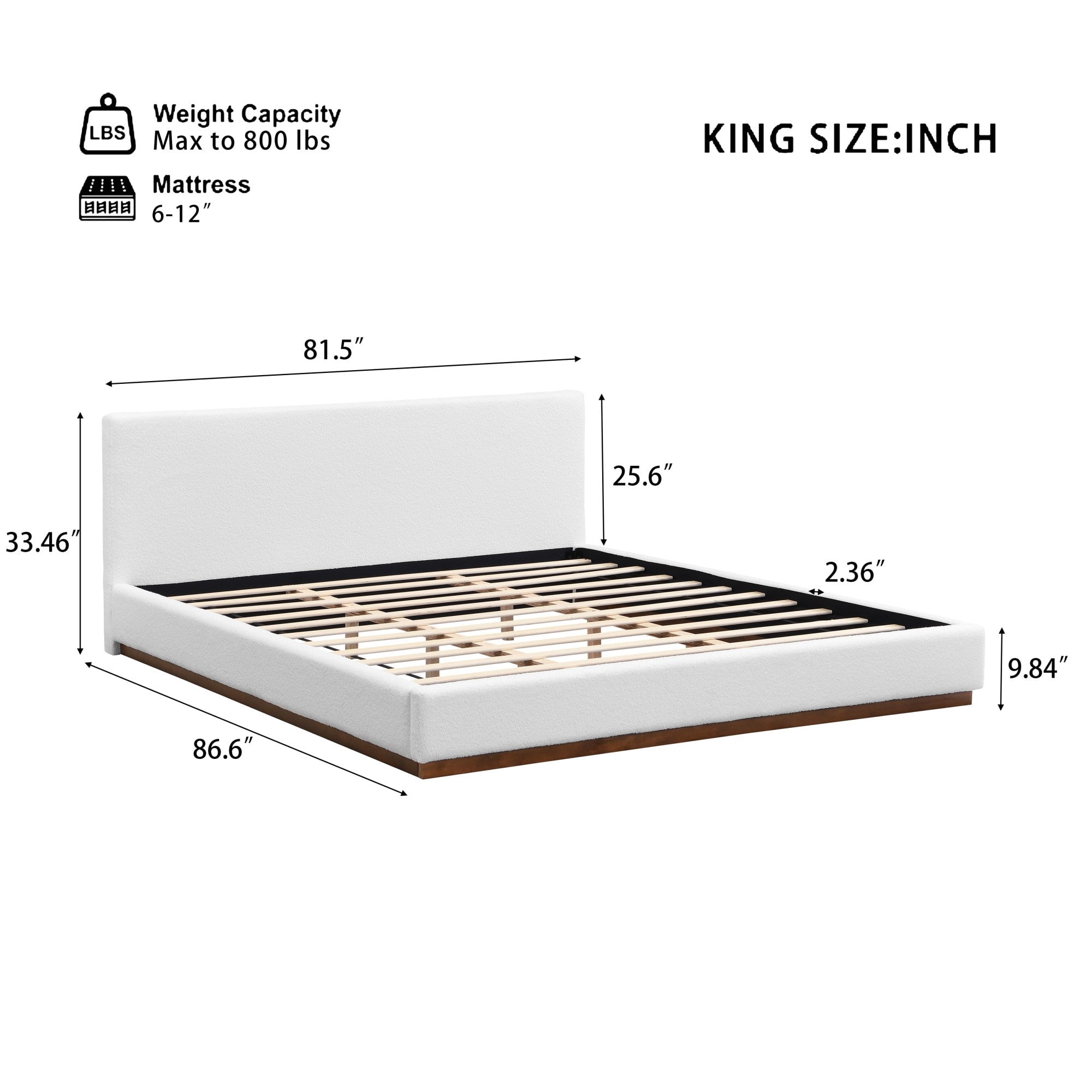 Sailvan King Upholstered Platform Bed Frame with Solid Wood Base,Elegant White Fabric Bed with Wood Grain Texture,Sturdy Slat Support,White