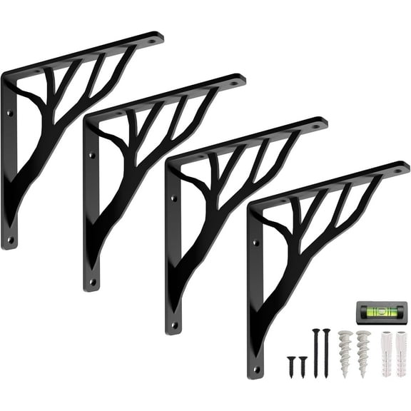 Rustic Tree Shelf L Brackets by Balin Designs (Black) for 10"-12” Shelves - Heavy-Duty Decorative Metal Mantel Bracket Supports - Easy Installation with Included Hardware - Set of 4