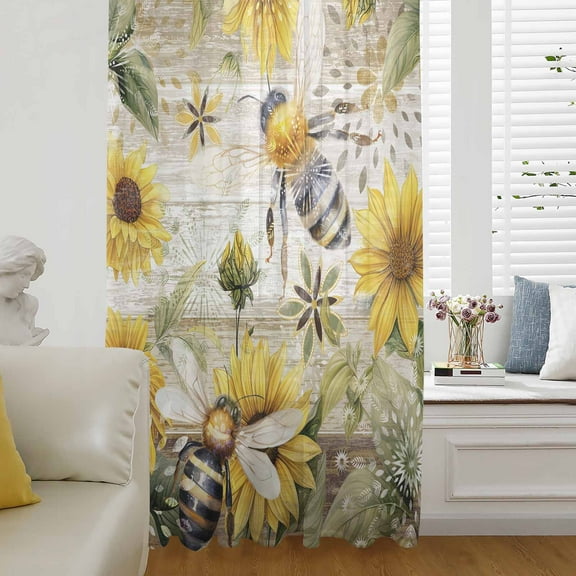 Sunflower Semi Sheer Curtains Drapes for Living Room, Bedroom, French Doors Window 84 Inches Long, Vintage Summer Bee Botanical Farmhouse Rod Pocket Chiffon Curtain Drapery Voile Draperies Panel