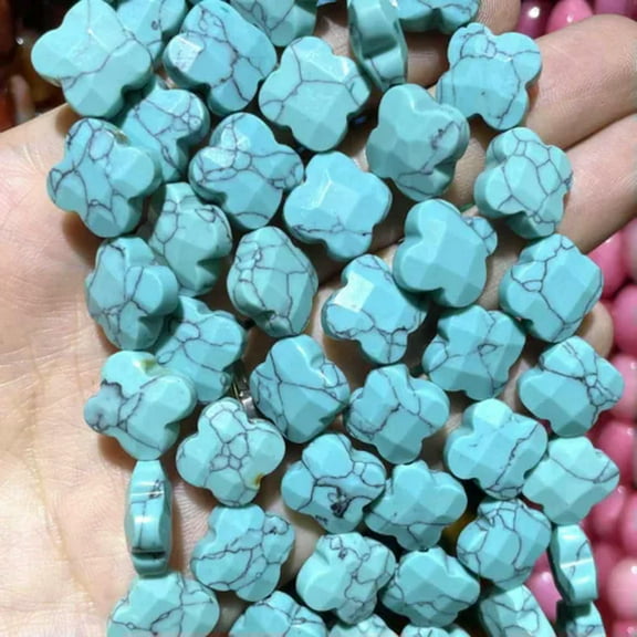 HOOUN Faceted Natural Clover Tiger Eye Agate Chalcedony Loose Beads For Jewelry Making-Turquoise-12mm About 17PCS
