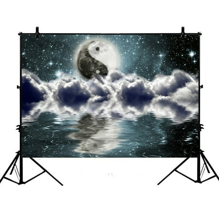 Image of PHFZK 7x5ft Night Sky Backdrops Funny Moon with Sign of Yin Yang in the Clouds Photography Backdrops Polyester Photo Background Studio Props