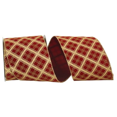 Reliant Ribbon - 93590W-957-10F, Lattice Glitter Velvet Wired Edge Ribbon, Scarlet/gold, 4 Inch, 10 Yards