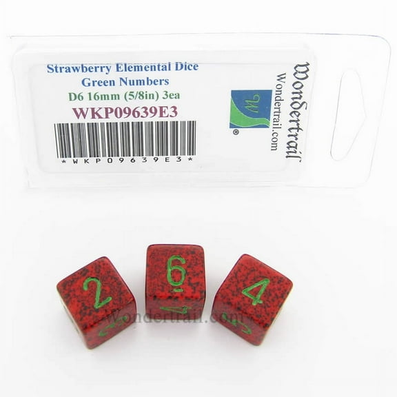 Strawberry Elemental Dice with Green Numbers D6 16mm (5/8in) Pack of 3 Wondertrail