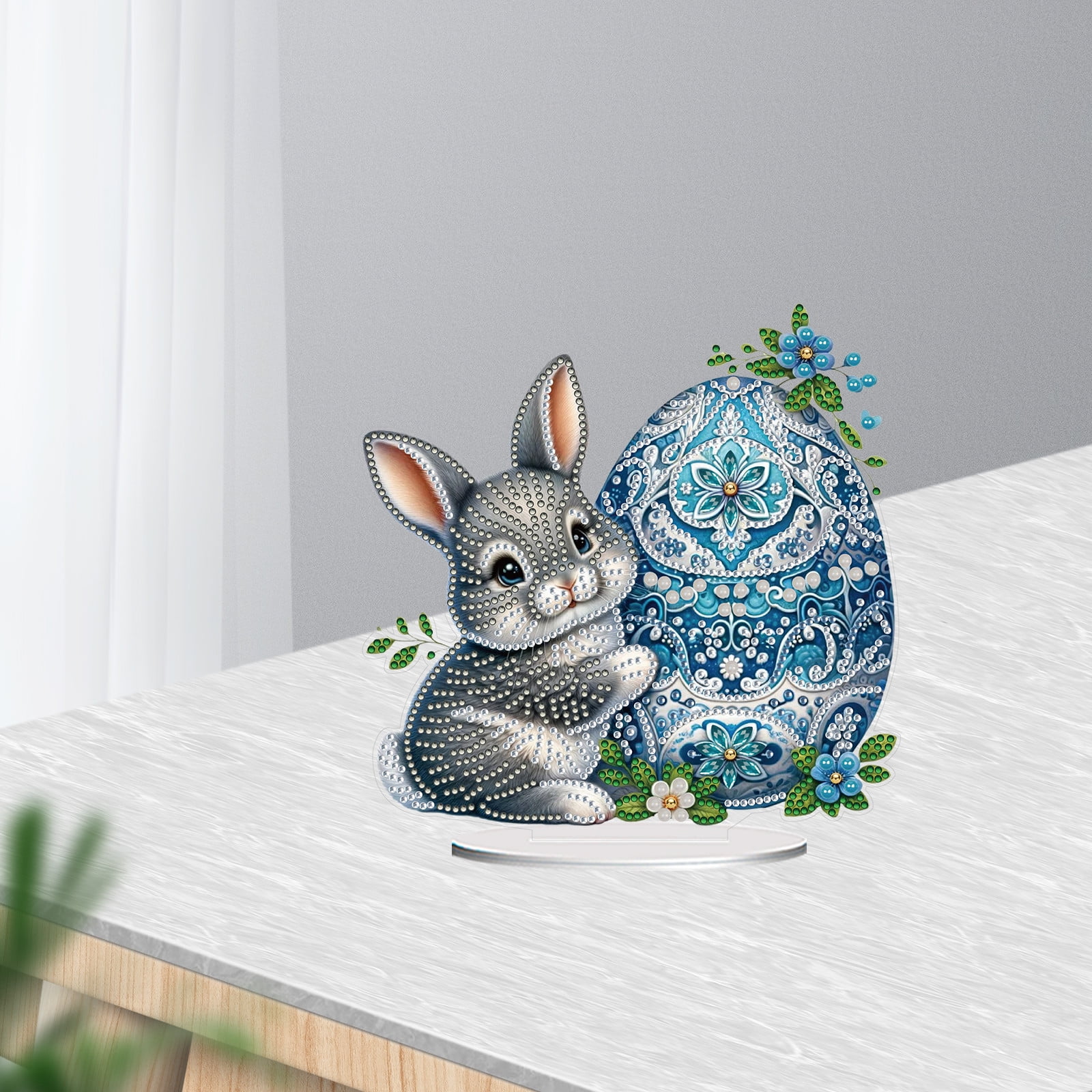 FLOPESN DIY Diamond Art Painting Easter Bunny Ornament Kits with Oval Base, Single-Sided Diamond Painting PET Craft for Home Decor