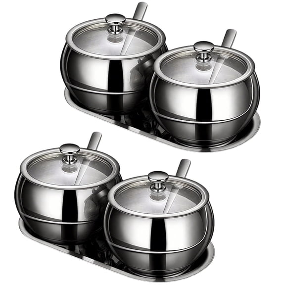 2 Pcs Stainless Steel Sugar Bowl Set, Condiment Pots with Lids, Spoons, Tray, 2.8 in / 7.2 cm (Height), Silver, Sugar Container Set, Spice Jar for Home, Kitchen