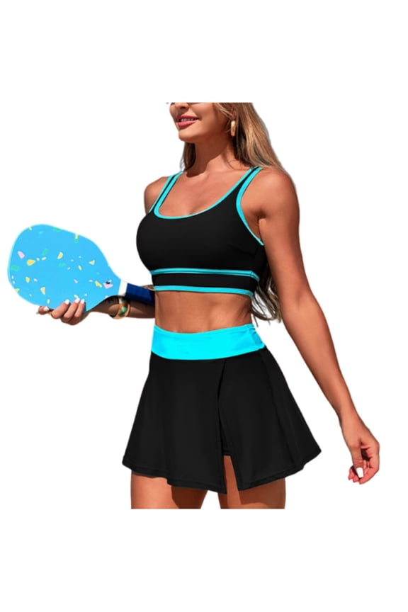 Women's High Waisted Bikini Sets Tummy Control Swim Skirt Two Piece Swim Suit Tummy Control Color Block Bathing Suit Blue M