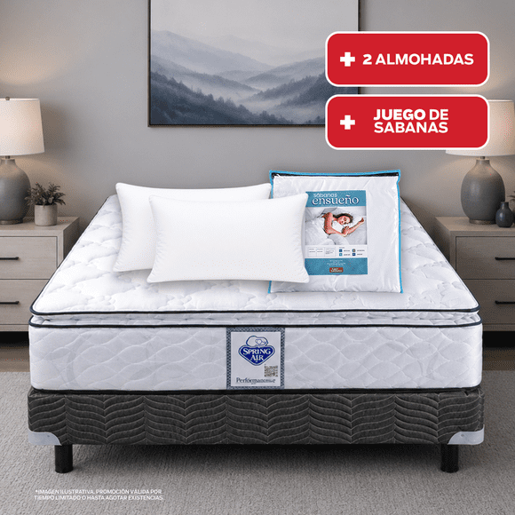 Colchón + Box Spring Air Marrimonial City + 2 Almohadas Sc + Juego de Sabanas Ensueño