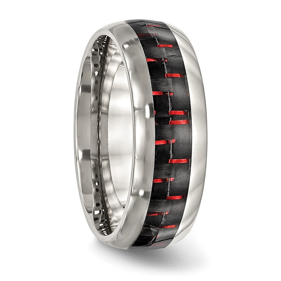 8mm Stainless Steel Polished Black Red Carbon Fiber Inlay Ring Size 8 Ring for Women