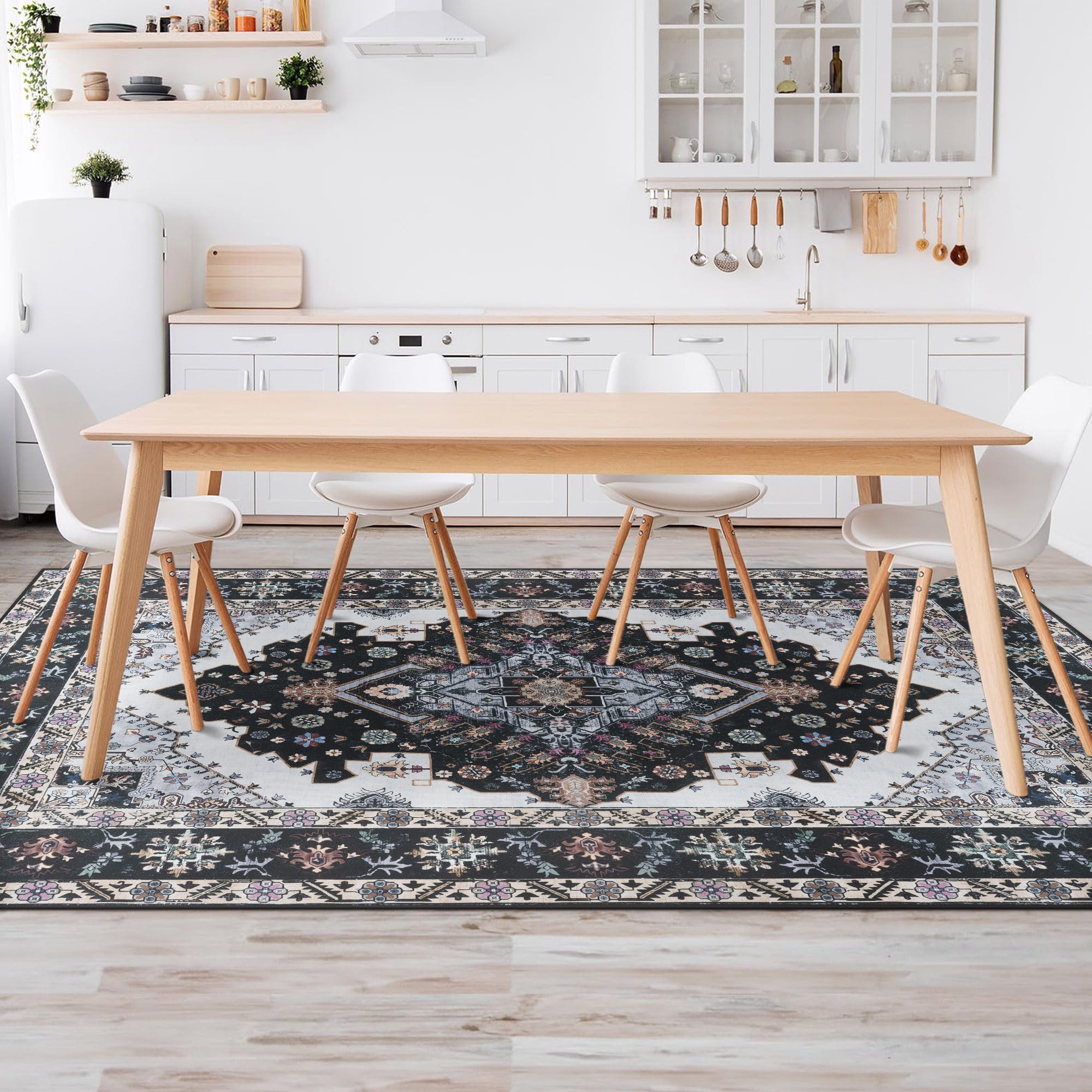 Wondo 7x10 Black Area Rug - Machine Washable Non-Slip Rubber Backing, Low Pile Vintage Carpet for Living Room Bedroom Kitchen Dining Office
