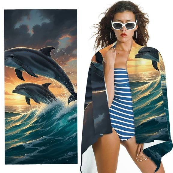 RKSupls Blue Wave Dolphin Oversized Microfiber Beach Towel - Ultra-Soft Microfiber, for Bathroom, beach, Soft Super Absorbent- 30x60 in