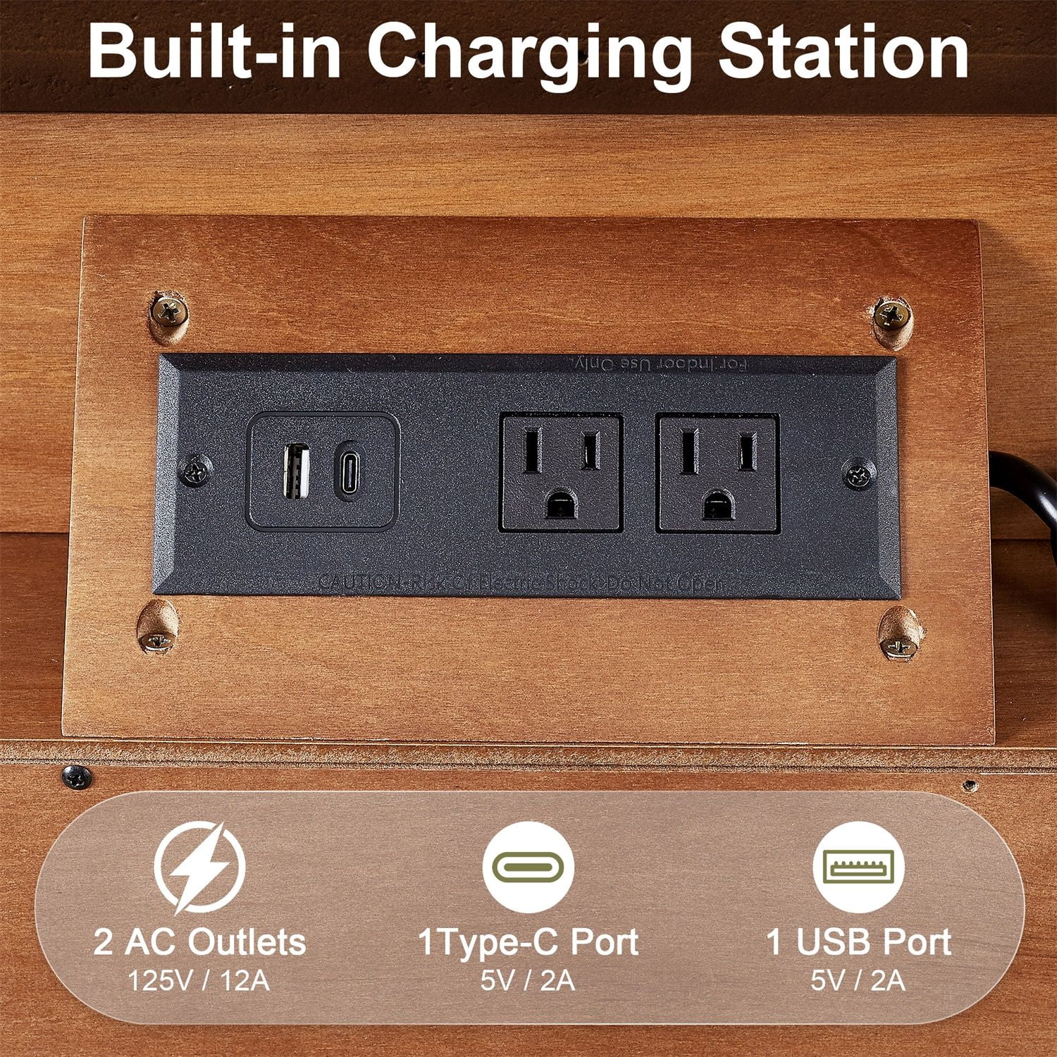 Hommoo Farmhouse Nightstand with Built-in Charging Station, Wood Bedside Table with Drawer & Double-Door Cabinet, USB/Type-C Ports, AC Outlets for Bedroom or Living Room, Walnut