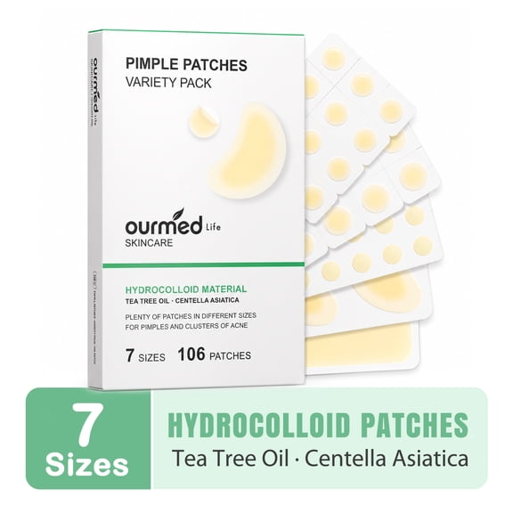 Ourmed Life 106Ct 7 Sizes Pimple Patches Variety Pack Hydrocolloid Acne Patches with Tea Tree Oil for Face Body & Acne Clusters