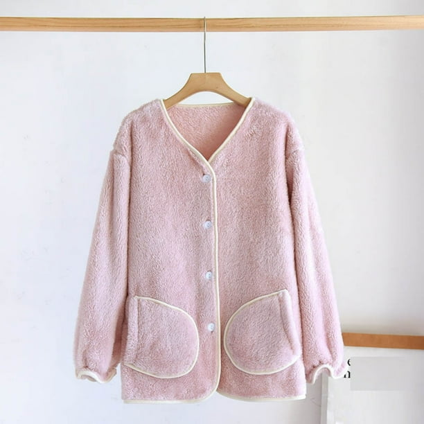 Pijama de manga larga para mujer, de invierno, grueso, liso, con botones, manga larga, cálido y terciopelo, para el hogar. Pijama de poliéster para mujer.