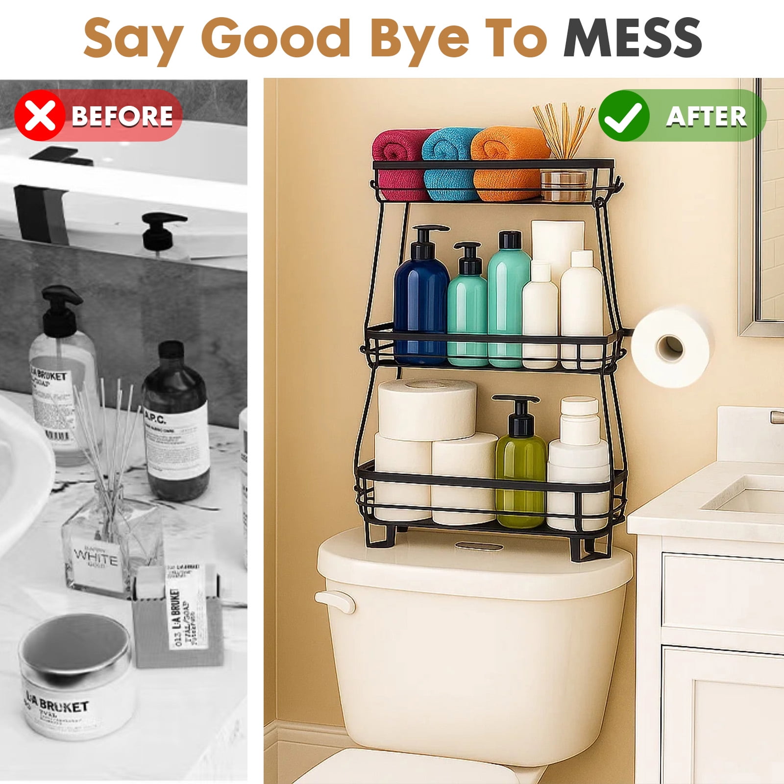 YOYTOO Over the Toilet Storage Shelf, 3 Tier Freestanding Bathroom Caddy Organizer Behind Toilet Stand Shelves Towel Rack with Toilet Paper Roll Holder, Black