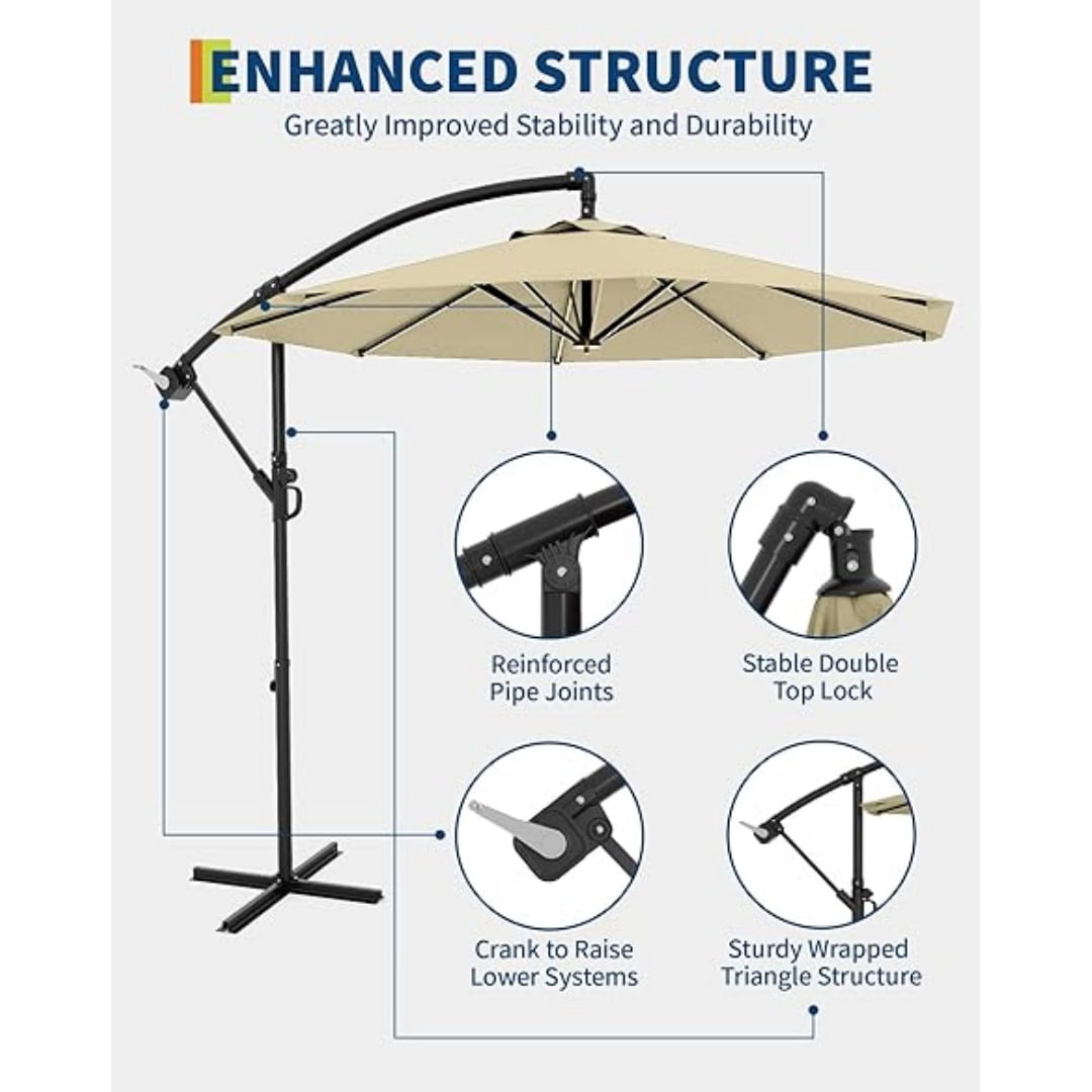 10FT Cantilever Patio Umbrella with Heavy-Duty Cross Base, Outdoor Offset Market Umbrella with Infinite Tilt & Easy Crank Lift – Waterproof, UV-Resistant, Wind-Resistant, Sturdy Aluminum Pole