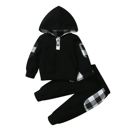 

Kucnuzki 12 Months Baby Boy Autumn Winter Outfits Pants Sets 18 Months Long Sleeve Contrast Checked Prints Cozy Hooded Sweatshirt Tops Elastic Cozy Pants 2PCS Set Black