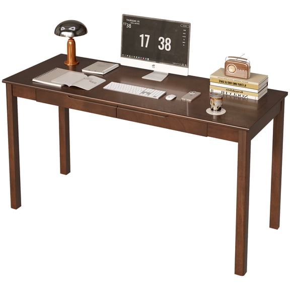 BESKADI Solid Wood Desk with Drawers - 55 x 22 Inch Vintage Desks, Mid Century Modern Desks, Rubber Wood Study Table, Writing Desk with Drawers for Bedroom|Any Spaces - Walnut Color