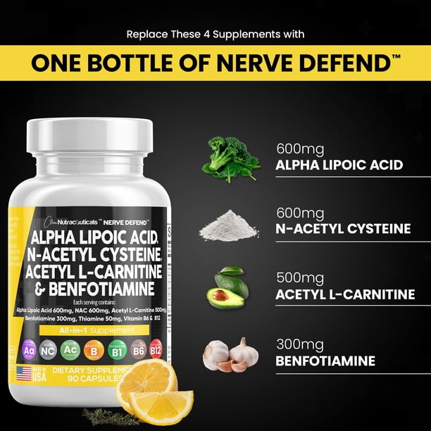Alpha Lipoic Acid 600mg N-Acetyl Cysteine 600mg Acetyl L-Carnitine 500mg  Benfotiamine 300mg - Nerve Support Supplement for Women and Men with  Vitamin B1, B6 & B12 - Made in USA 90 Caps |