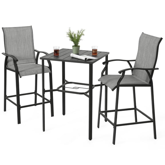Nuu Garden 3-Piece Outdoor Bar Set, Bar Height Patio Bistro Set, 2 Textilene Height Back Bar Stools with Footrest and 1 High Top Table with Umbrella Hole, Black and Gray
