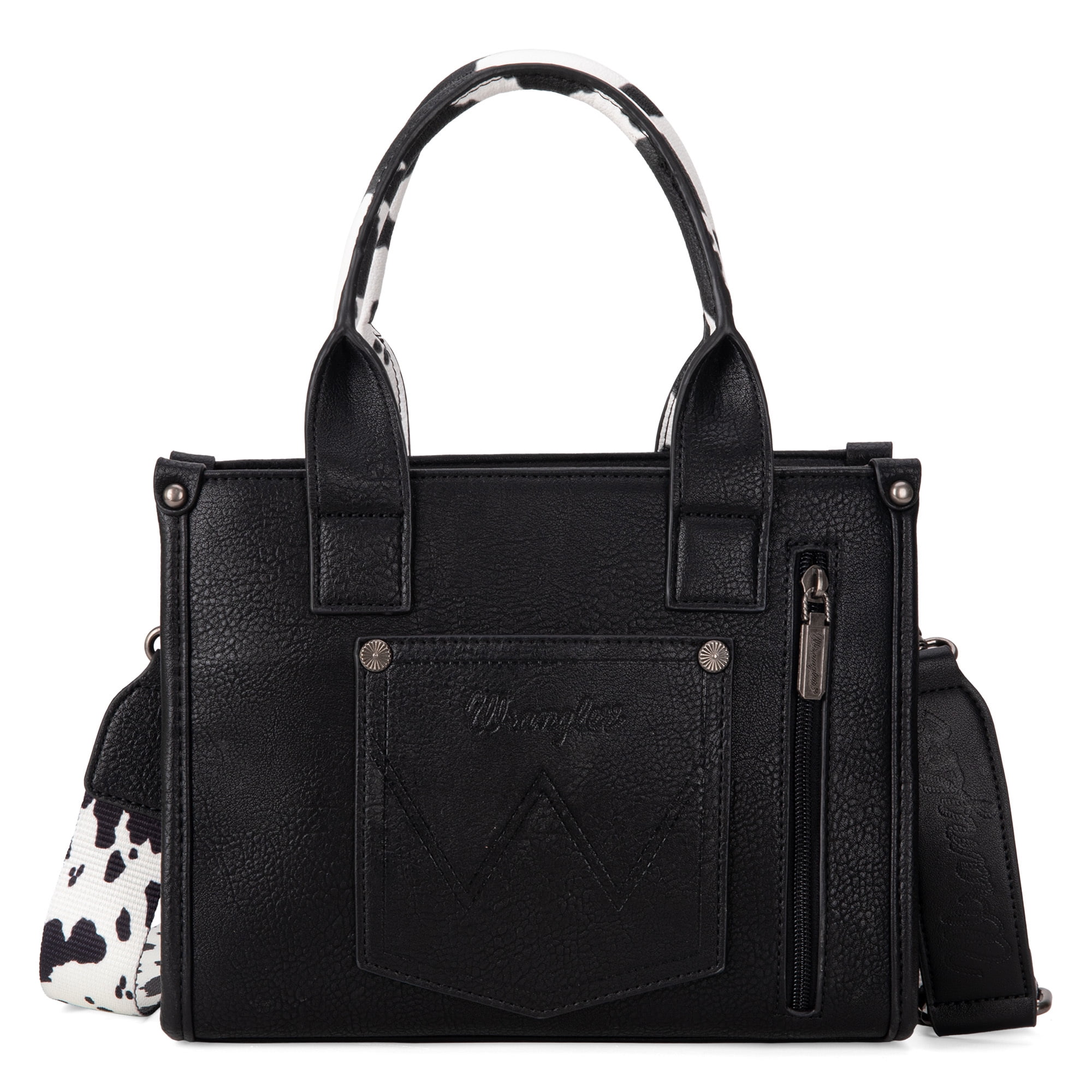 Wrangler Cow Print Tote Bag for Women Western Purse Boho Top Handle Satchel Handbag with Signature Strap, Cow-Black