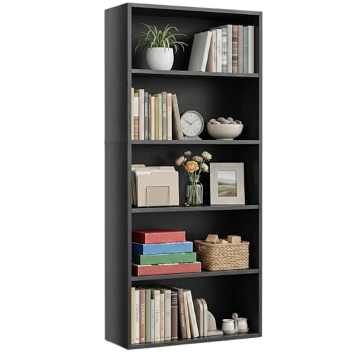 5 Tier Bookshelf Black Bookshelves, Open Bookcase with Adjustable Shelves, Heavy Duty Wooden Tall Book Shelves for Home Office