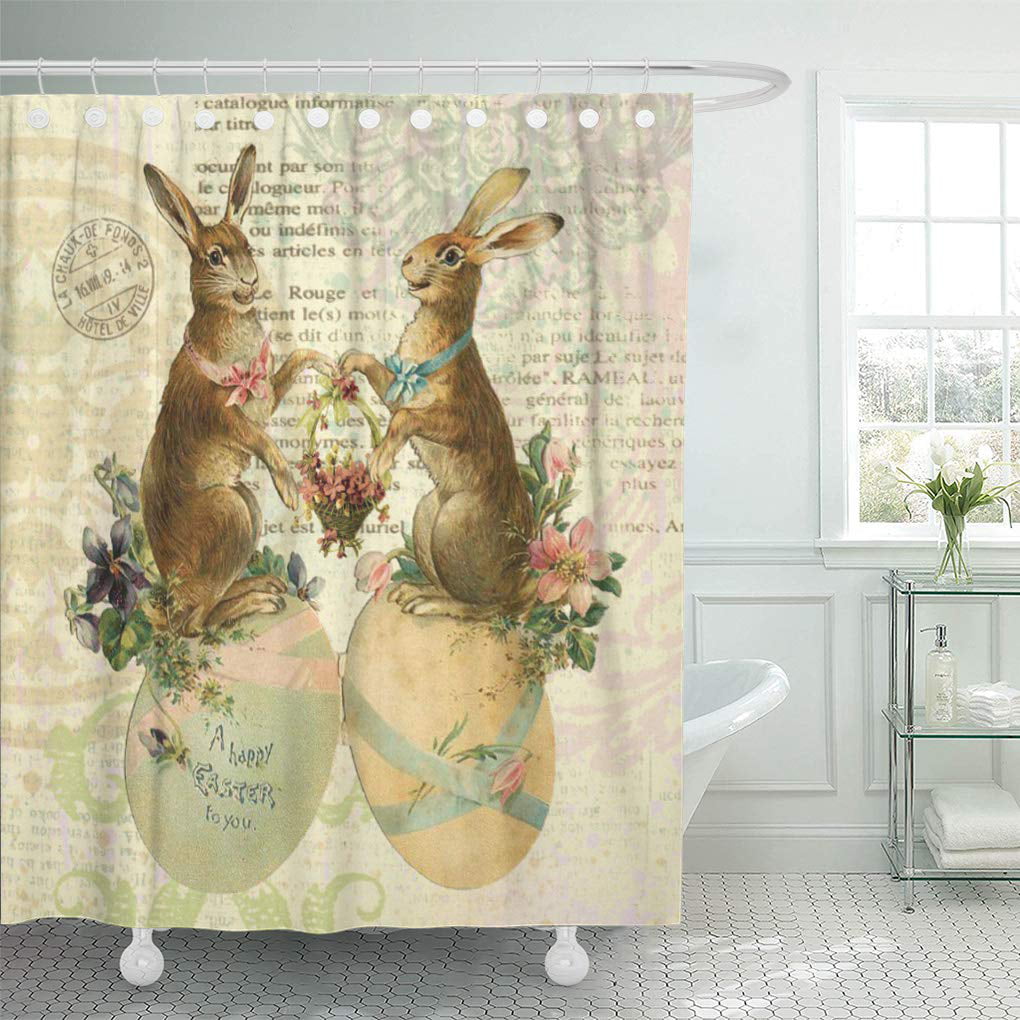 Easter Shower Curtain Cute Retro Bunny Rabbit and Eggs Holiday Shower Curtains 