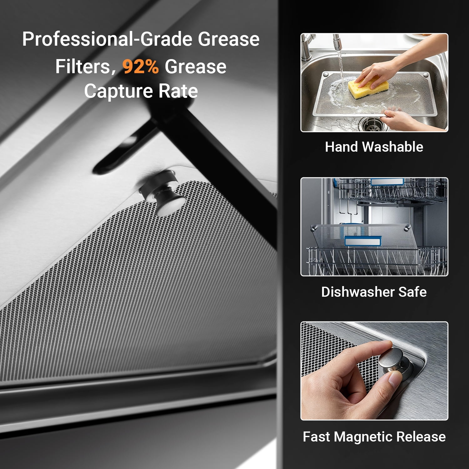 ROBAM 30" Range Hood, 1050 CFM Powerful Suction Kitchen Vent, Side-Draft Vent Hood, Gesture & Touch Control, Wall Mount or Under Cabinet Ducted Hood, Dishwasher Safe Baffle Filter, LED Lights