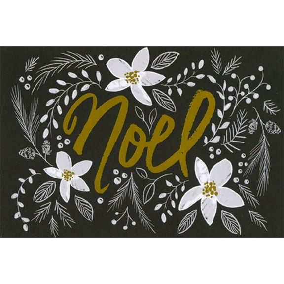 Pictura Gold Noel and White Flowers on Black Christmas Card
