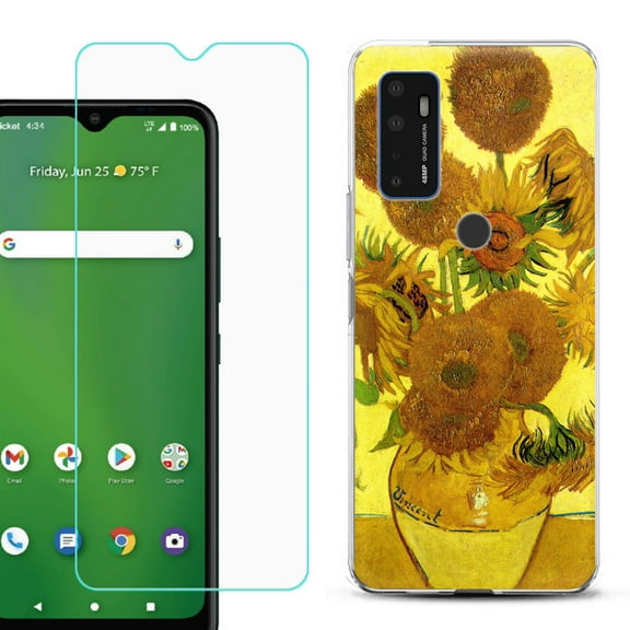 Shockproof Bumper Phone Case for AT&T Radiant Max 5G / Fusion 5G, with Tempered Glass Screen Protector, by OneToughShield ® - Sunflower