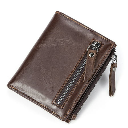 Men Genuine Leather Wallet Two Folding Male Coin Purse Credit Card Holder Short Wallet with Snap ...
