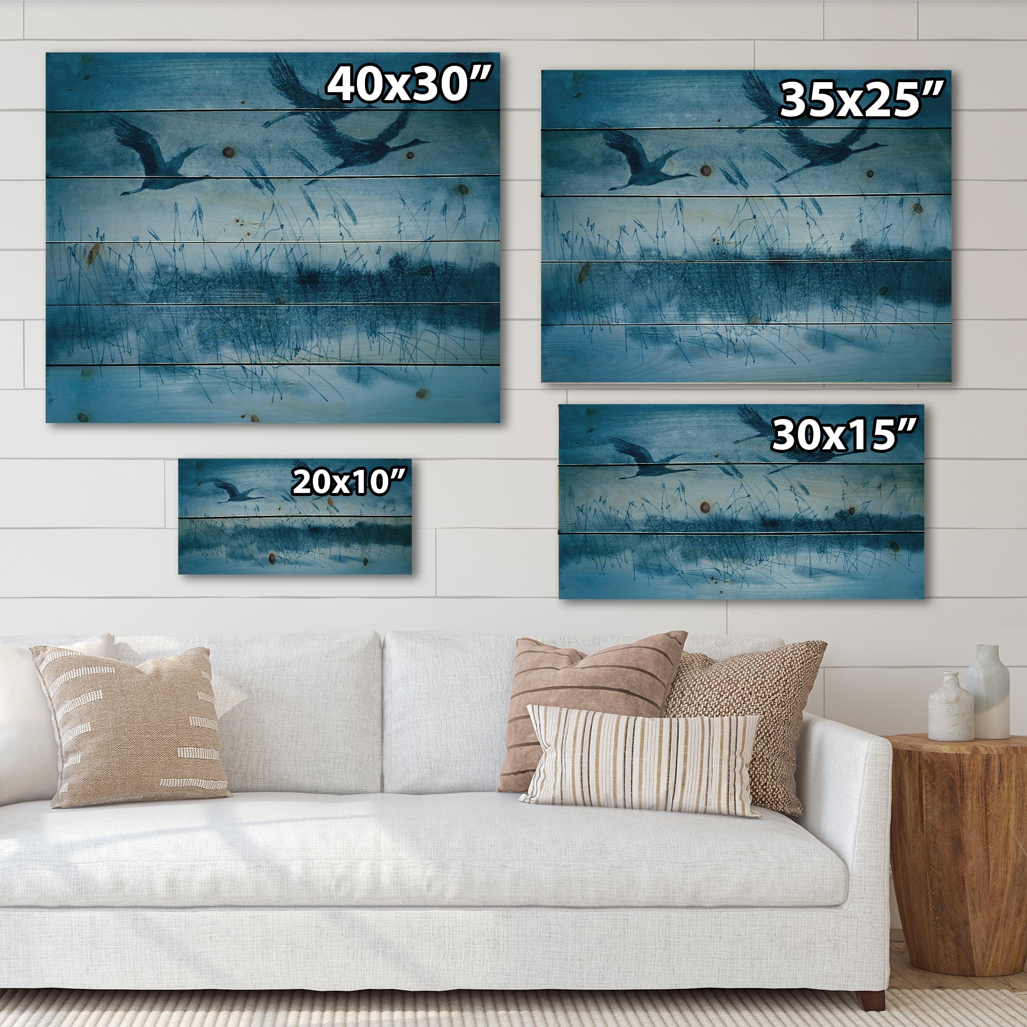Designart 'Cranes In Flight During Blue Evening Light' Traditional Print on Natural Pine Wood