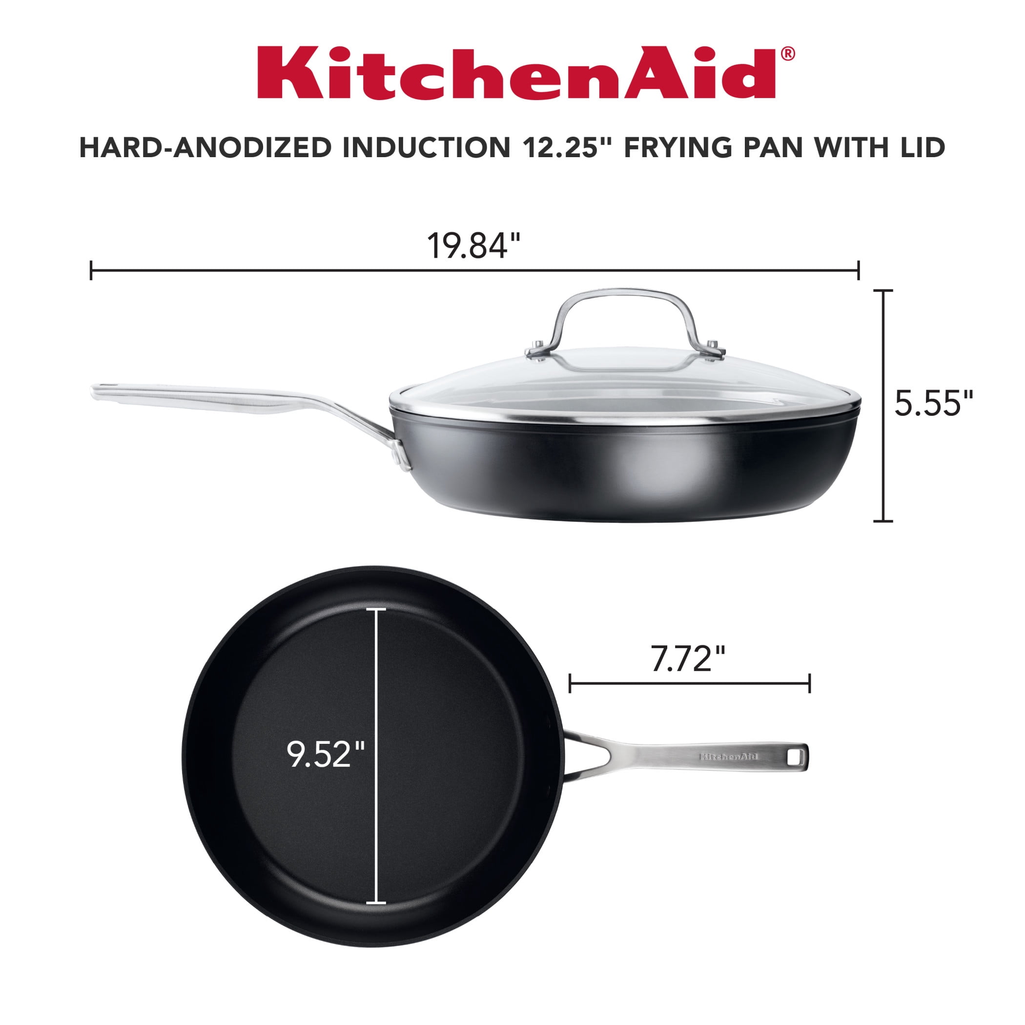KitchenAid Hard-Anodized 12.25 Inch Induction Nonstick Frying Pan with Lid, Dishwasher Safe and Oven Safe to 500°F, Matte Black