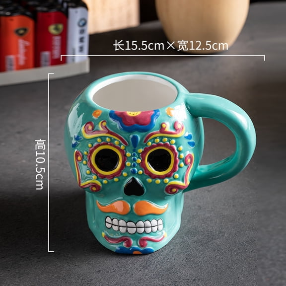 Day of The Dead Sugar Skull Ceramic Coffee Mug, Colorful Hand Painted Skull Mug, Halloween Mexican Style Decorative Drinking Cup for Coffee Tea, Gift