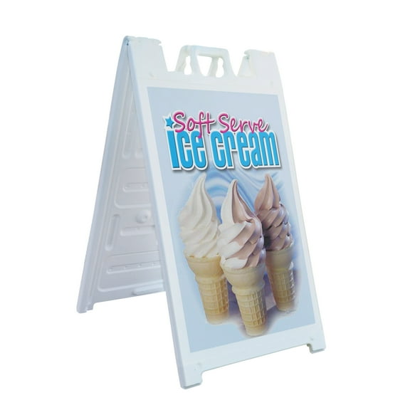 A-frame Sidewalk Soft Serve Ice Cream 24" x 36" Double Sided A-Frame Sidewalk Sign, Includes 2 Plastic Inserts | Foldable Portable White Signicade Sandwich Board Signs