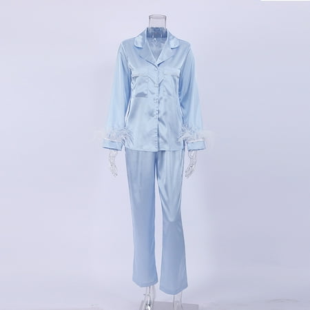 

Pajamas For Women 2 Piece Set Feathers Long Sleeve Turn Down Collar Sleepwear Autumn Casual Night Suits With Shorts Satin