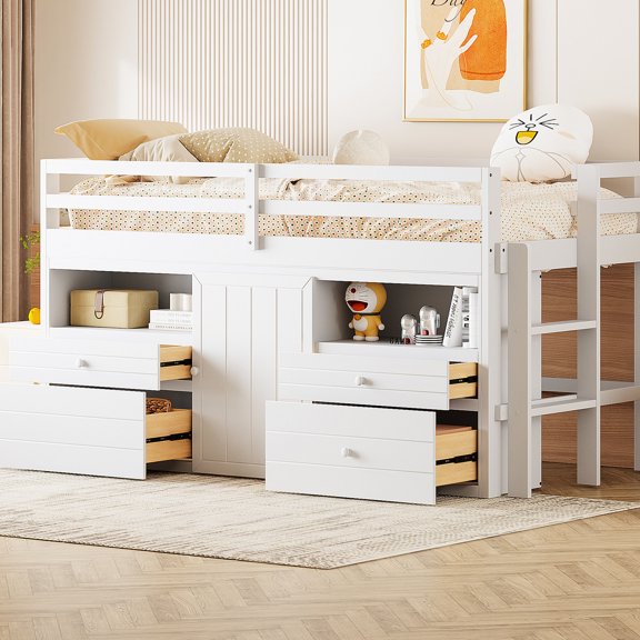 Twin Size Loft Bed | Storage with Cabinet and Shelves | Guest Room