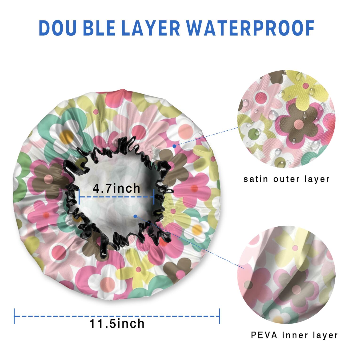 Shower Caps,Pioneer Flower Floral Print Pattern Waterproof Shower Cap for Women 4 Pieces,Double Reusable Hair Cover for Shower PEVA Elastic Stretch Hem