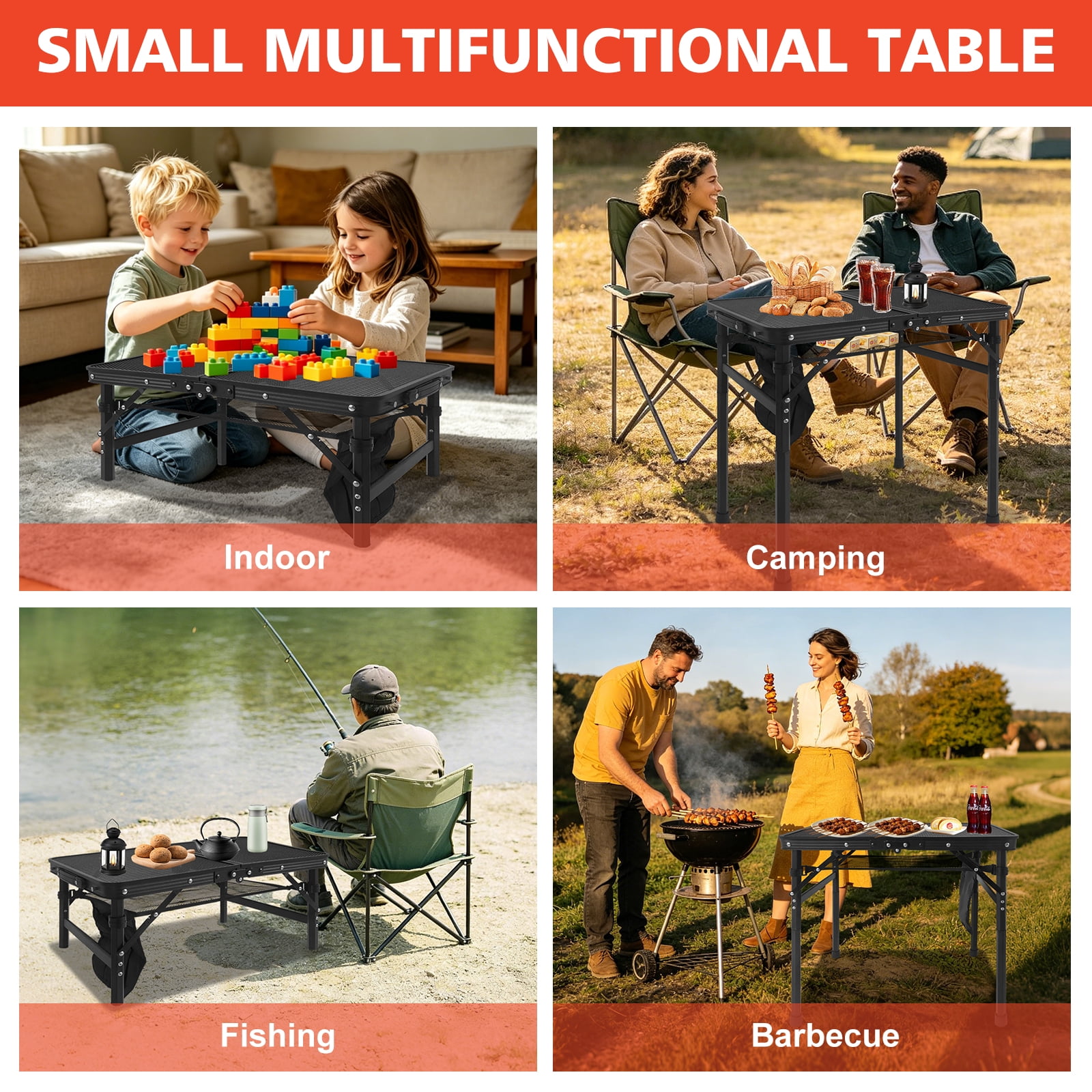 2FT Black Folding Camping Table, Aluminum Frame Mesh Desktop, Height Adjustable Portable Grill Table with Storage Mesh Bag for Camping, BBQ, Picnic & Outdoor Activities