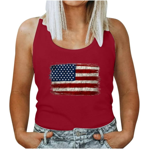 OAVQHLG3B American Flag Shirt for Women 4th of July T-Shirt Patriotic T-Shirts Women's Round Neck Independence Day Printing Sleeveless Casual Loose Vest Tops