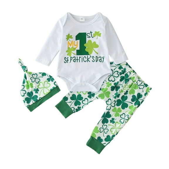 Toddler Boy Outfits St. Patrick'S Day Kids Long Sleeve Crew Neck Printed Bodysuit Pants And Hat 3 Piece Set White 3 Months-6 Months