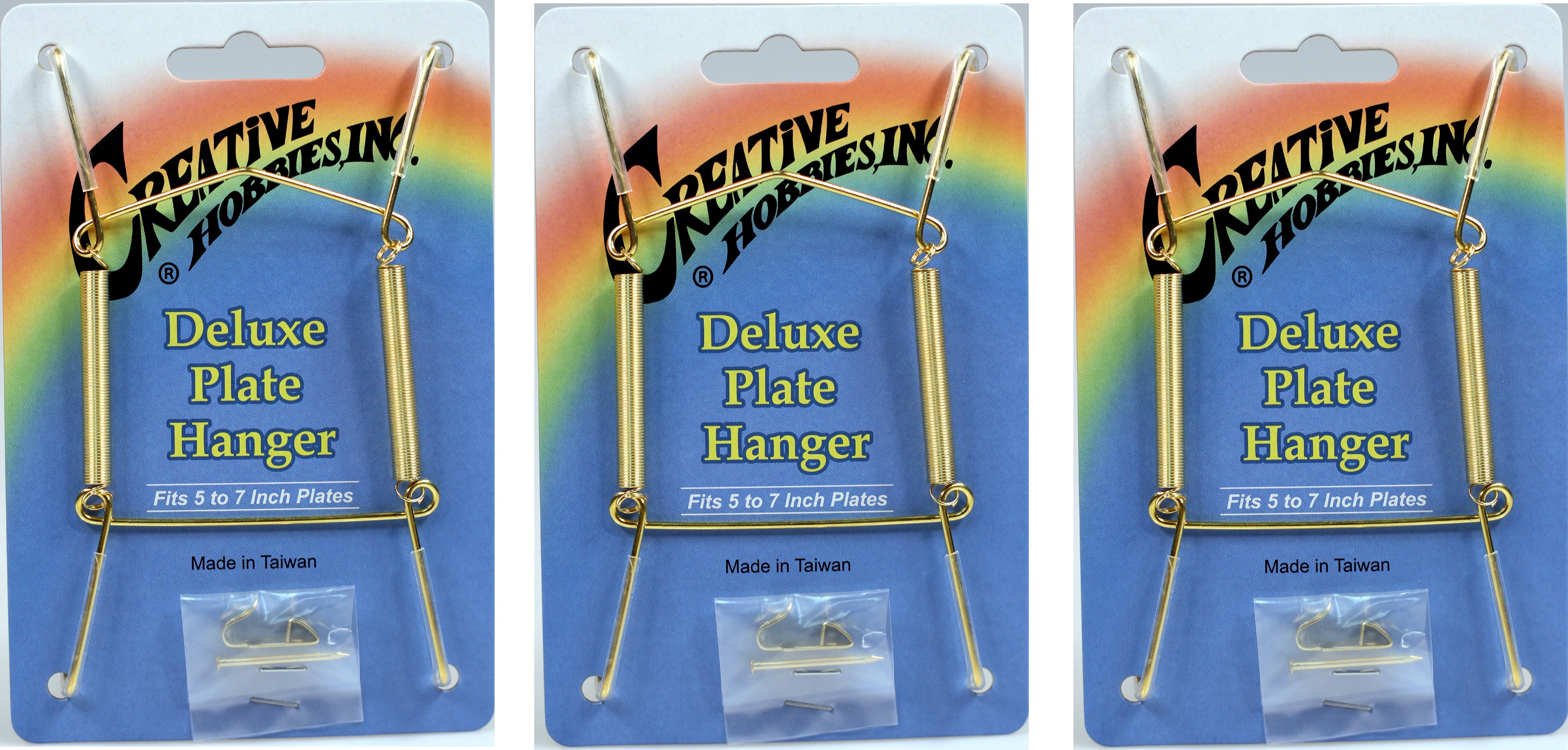 Creative Hobbies Deluxe Plate Display Hangers, Spring Style, Expandable to Hold 5 to 7 Inch Plates- Gold Wire Spring Type, Hanger Hooks & Nails Included -Pack of 3 Hangers