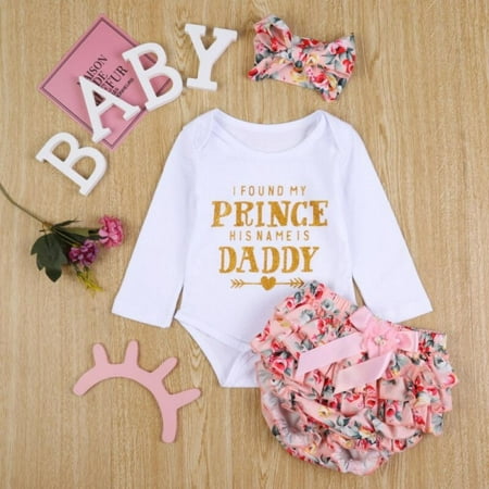 

Toddler Baby Girls Clothing Sets Letter Print Romper+Floral Print Ruffled Bloomer Shorts+Headband Outfits Clothes 0-24M
